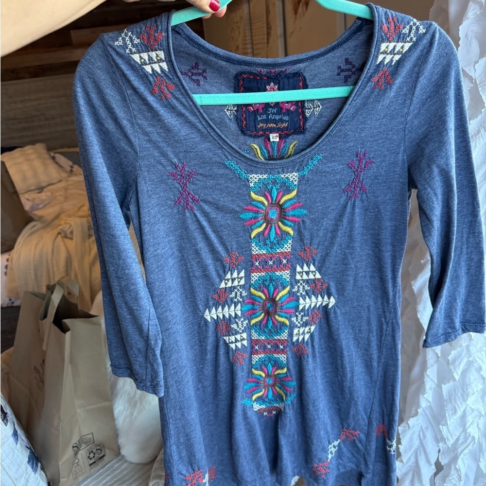 Johnny Was Blue Multicolor Embroidered Mini Dress